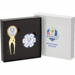 The 2020 Ryder Cup Gift Box - Polished Gold Classic Pitchfork Magnetic Ballmarker & Poker Chip